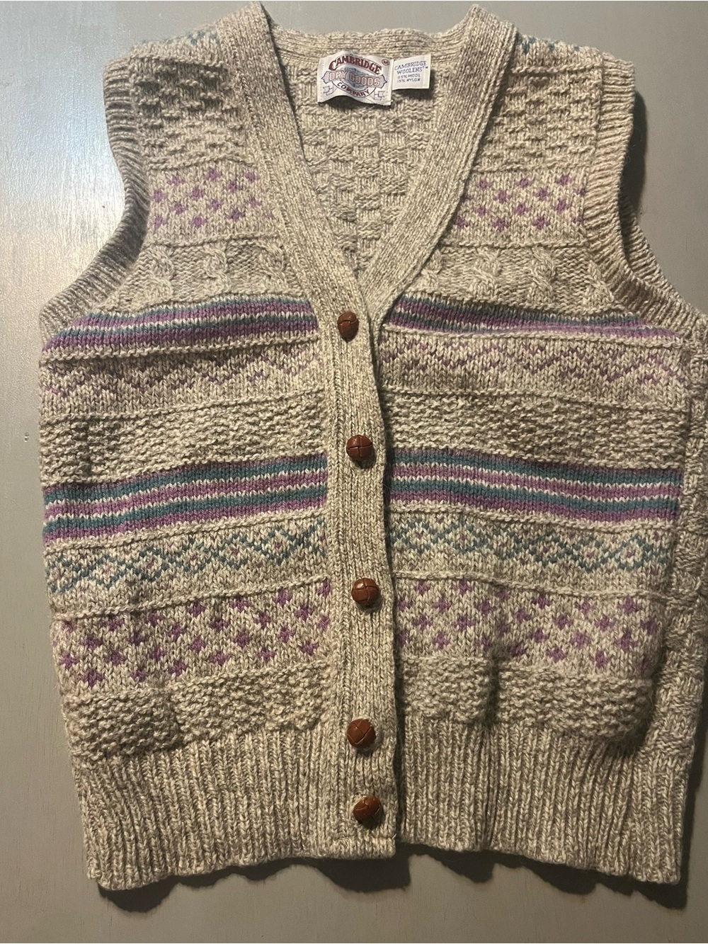 VTG 90s Cambridge Dry Goods Wool Sweater Vest Fair Isle Cable Knit M